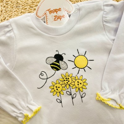 Conj. Body Manga Longa e Calça Abelhinha com Poá Preto - Branco e Amarelo